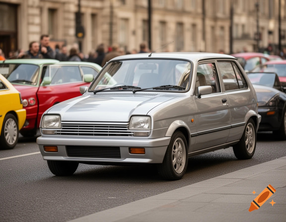 A photorealistic close-up of a silver Austin Metro hatchback on a city street, with other cars and blurred people in the background.