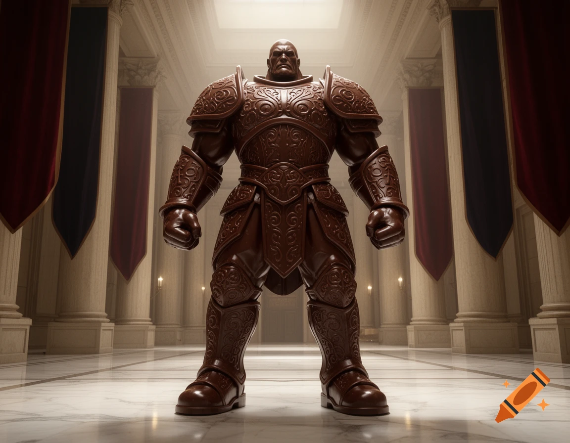 A muscular giant made of dark chocolate, wearing ornate armor, stands in a grand, columned hall.