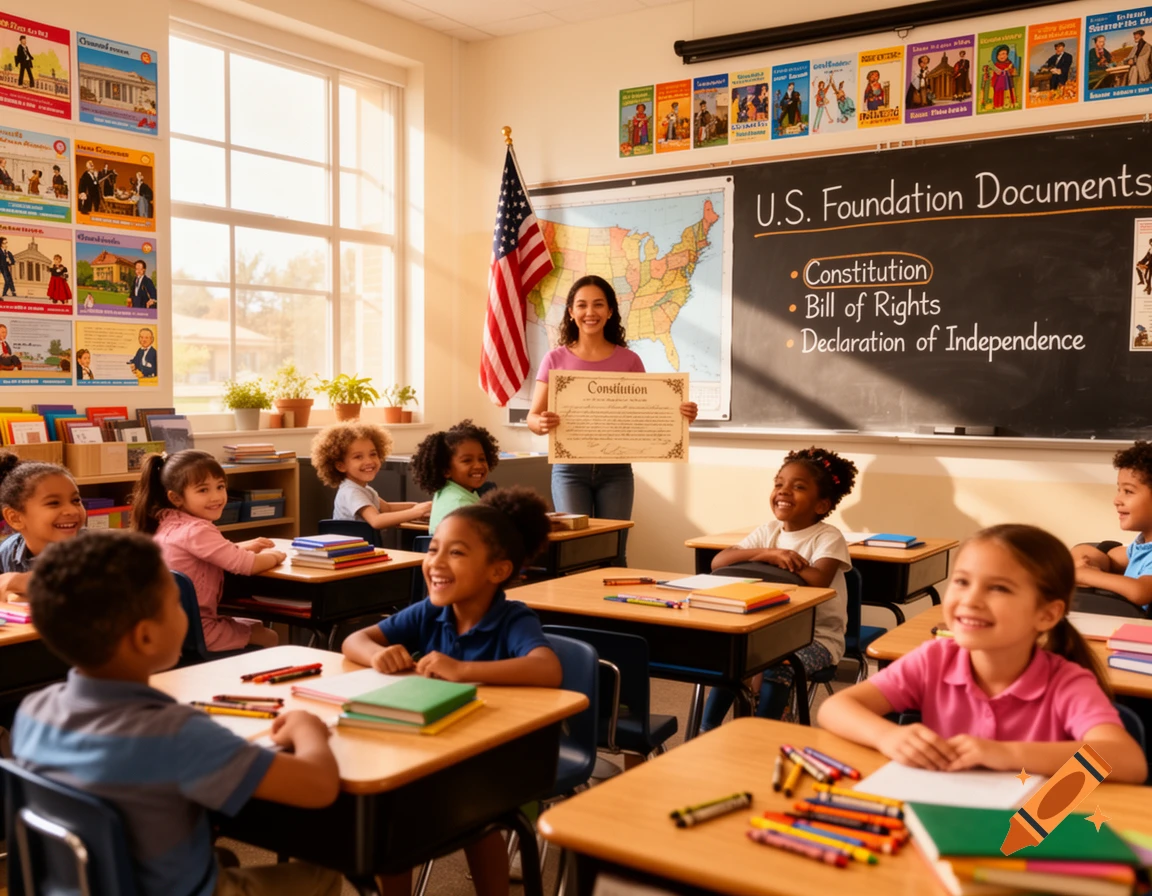 A diverse group of elementary school children sit at desks in a sunny classroom, smiling as their teacher holds up a document near a blackboard listing 'U.S. Foundation Documents'.