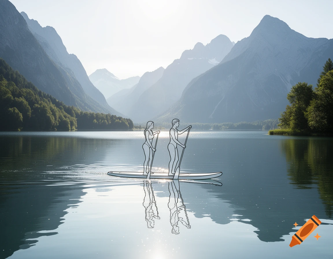 Line art of a man and woman paddleboarding on a serene lake surrounded by majestic mountains under a bright sky.