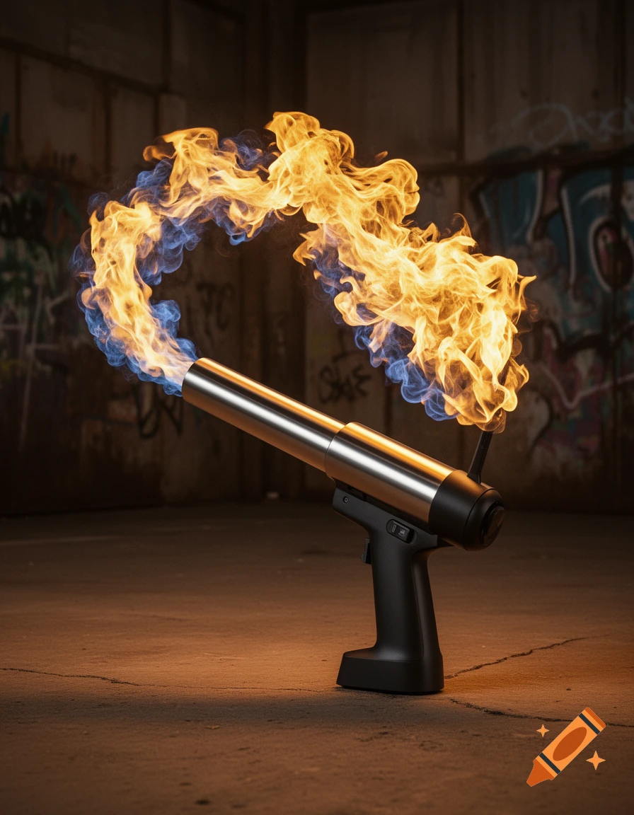 A photorealistic image of a flamethrower emitting a large swirling flame, set against a concrete wall with graffiti in a dark room.