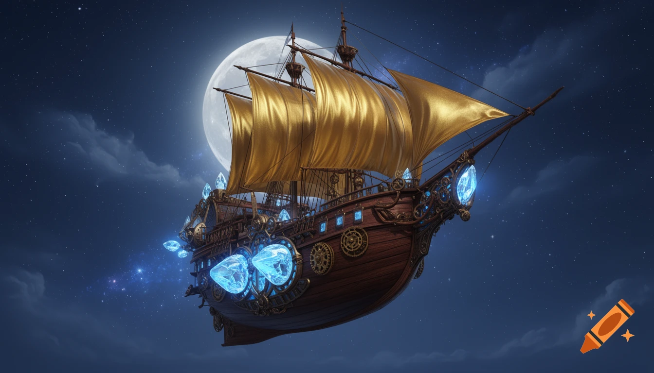 A magical steampunk airship with mahogany hull, glowing blue crystals, and golden sails floats in a starry night sky with a full moon.