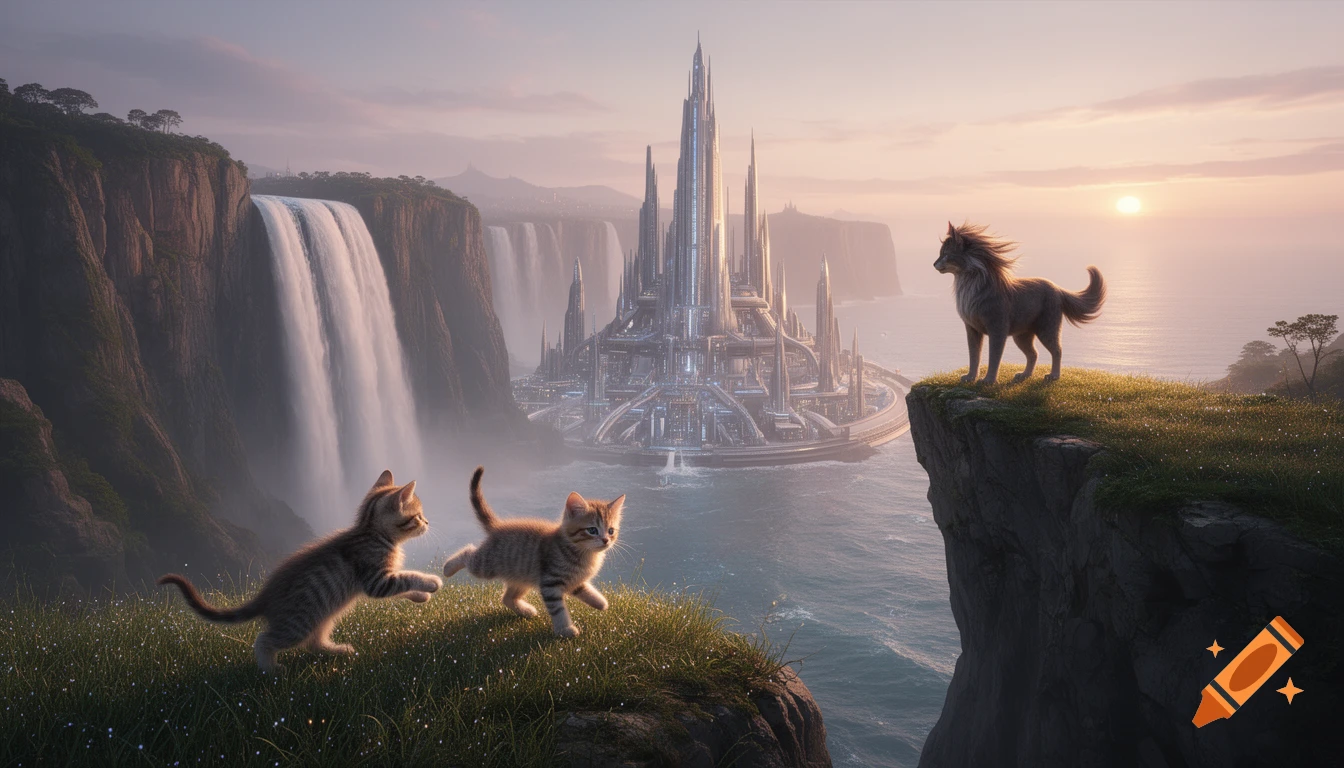 Two kittens and a wolf on a grassy cliff overlooking a futuristic city, ocean, and waterfalls at sunrise.