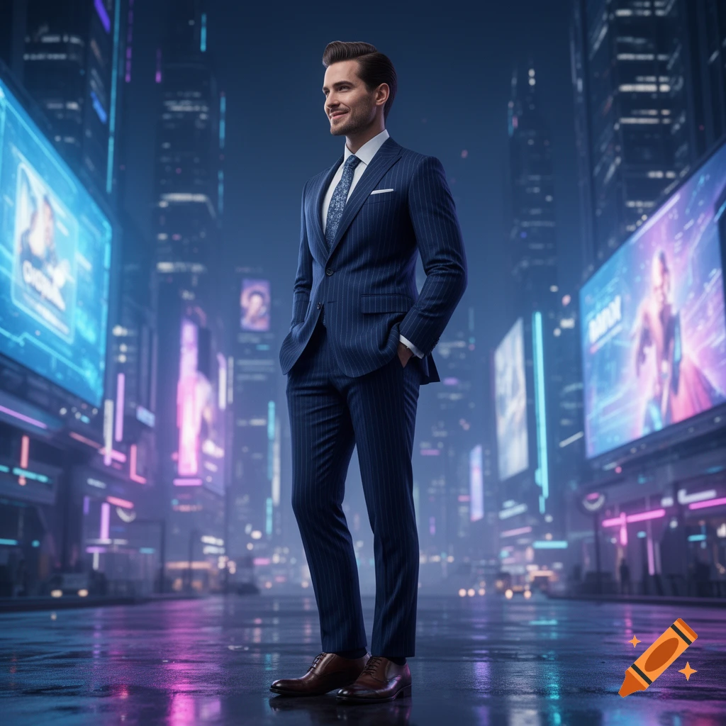A smiling man in a pinstripe suit with hands in pockets stands on a wet, reflective street in a vibrant, neon-lit futuristic city.