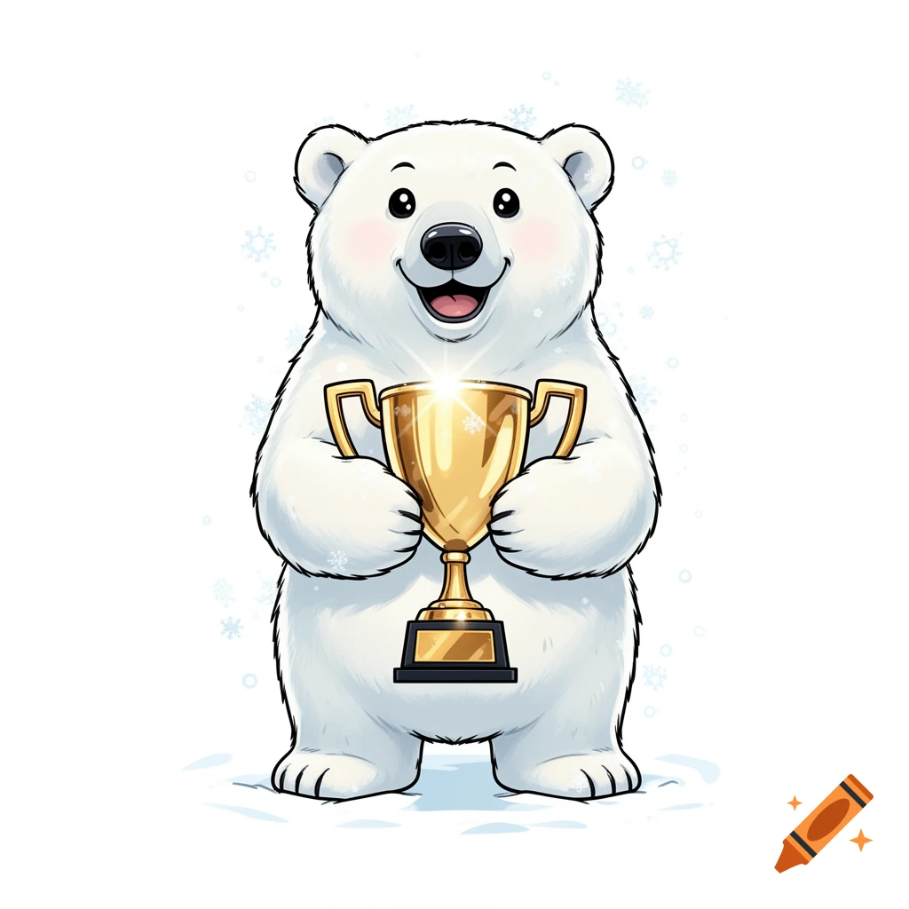 Cute cartoon polar bear holding a shiny golden trophy, standing in snow with snowflakes.
