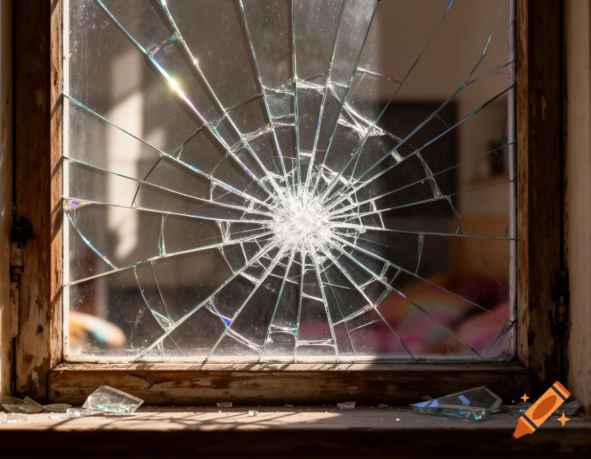 A close-up, photorealistic view of a window with a large star-shaped crack in the glass, with shards at the bottom.