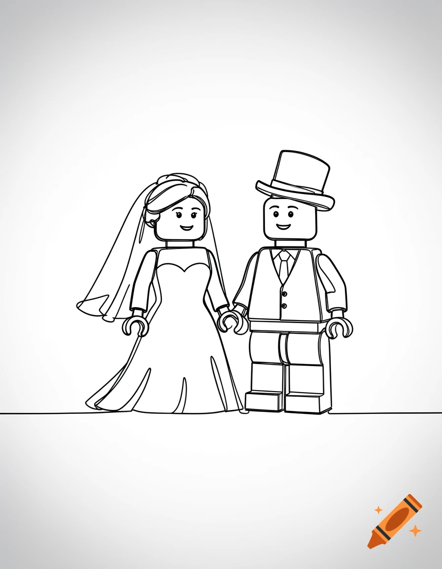 Black line art drawing of a minimalist Lego bride in a dress and veil, holding hands with a Lego groom in a suit and top hat.