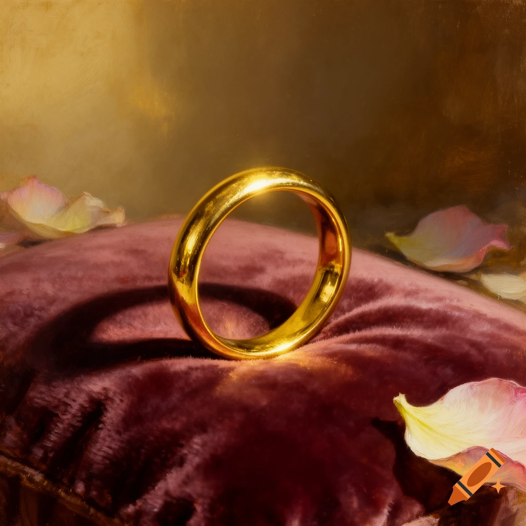 A gleaming gold ring stands on a deep red velvet cushion with scattered rose petals, rendered in an oil painting style.