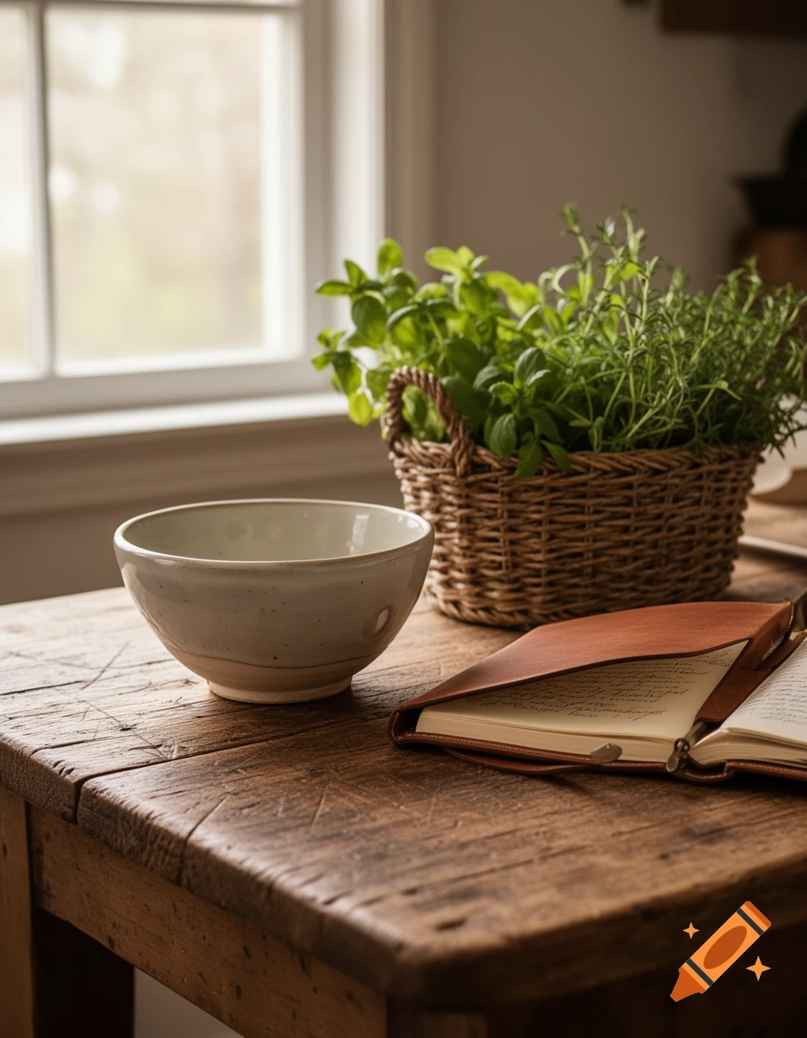 A rustic wooden table with a white ceramic bowl, a woven basket of fresh herbs (basil and rosemary), and an open leather-bound journal, bathed in soft light from a window.