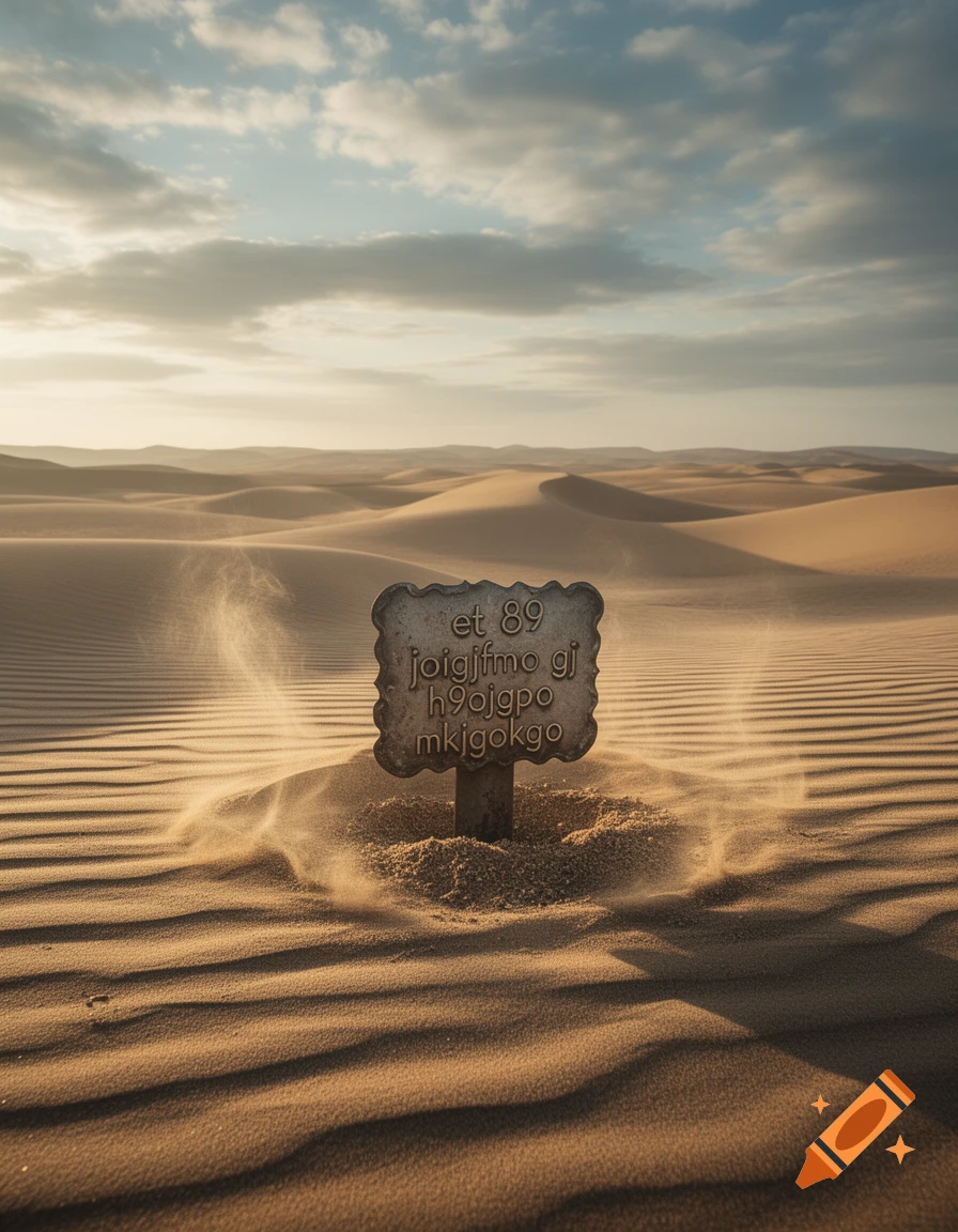 A photorealistic image of a weathered sign standing in a vast, sunlit desert landscape with flowing sand dunes under a partly cloudy sky.