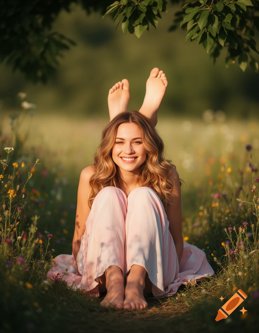 Smiling woman sitting in a wildflower field with her bare feet raised above her head.