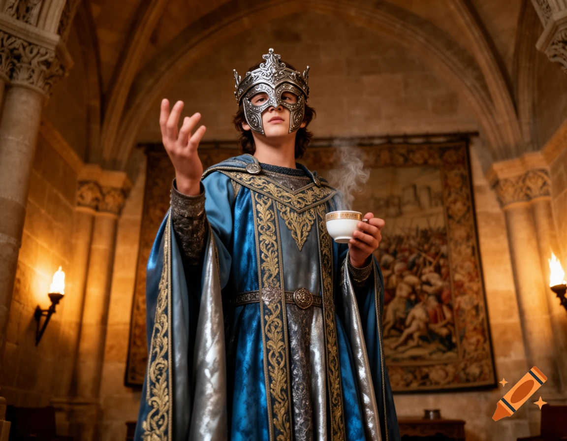 A young person in a silver mask and ornate blue and gold medieval robe holds a steaming teacup in a grand vaulted hall.