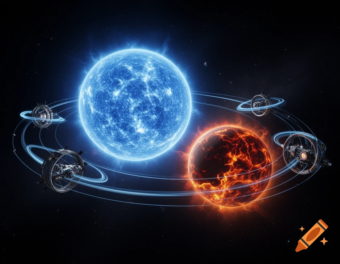 A blue supergiant star and a red volcanic planet orbited by multiple ring-shaped space stations in deep space.