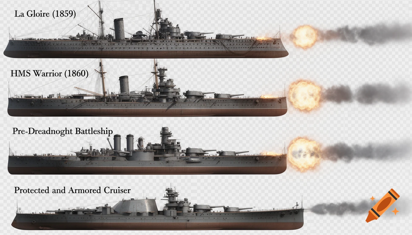 Four side-by-side images of historical warships, including La Gloire (1859) and HMS Warrior (1860), firing their cannons with smoke.