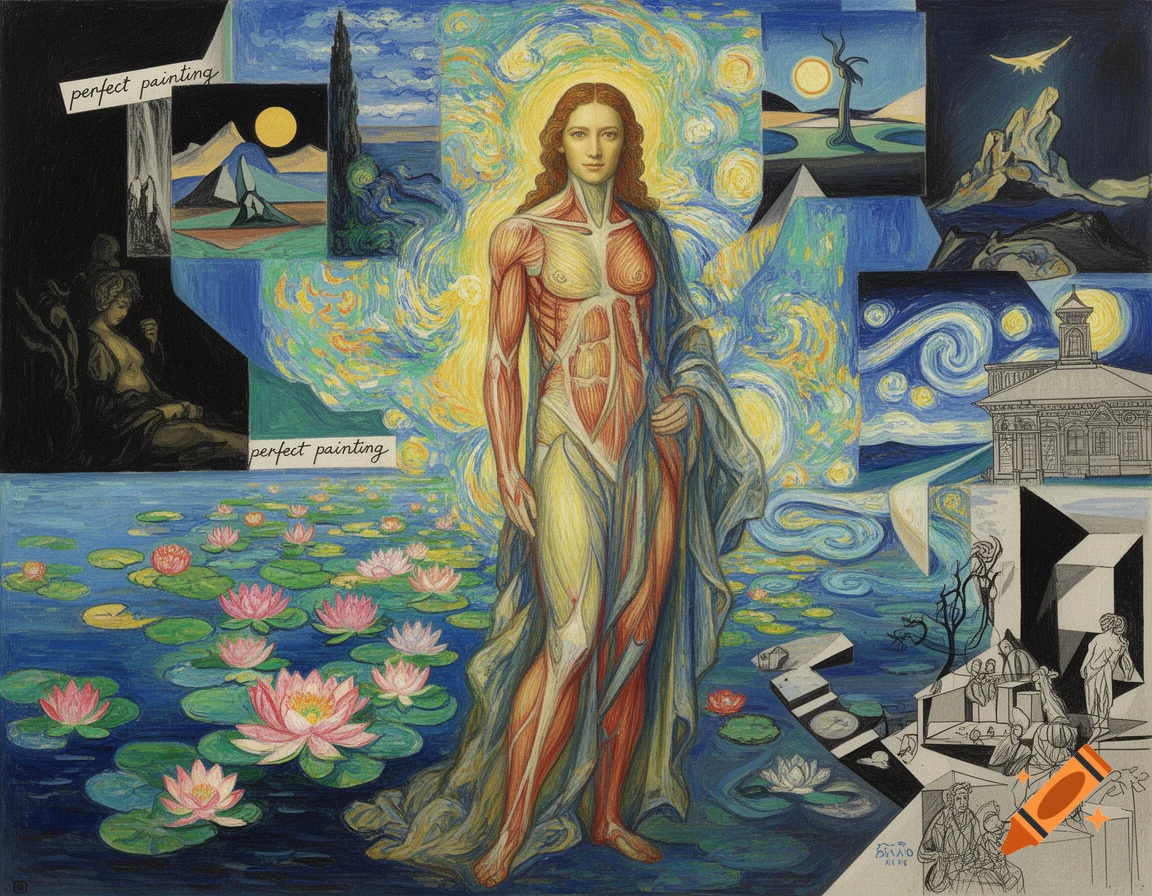 Art collage with a central anatomical figure, surrounded by elements of Starry Night, Water Lilies, classical art, and architectural sketches.