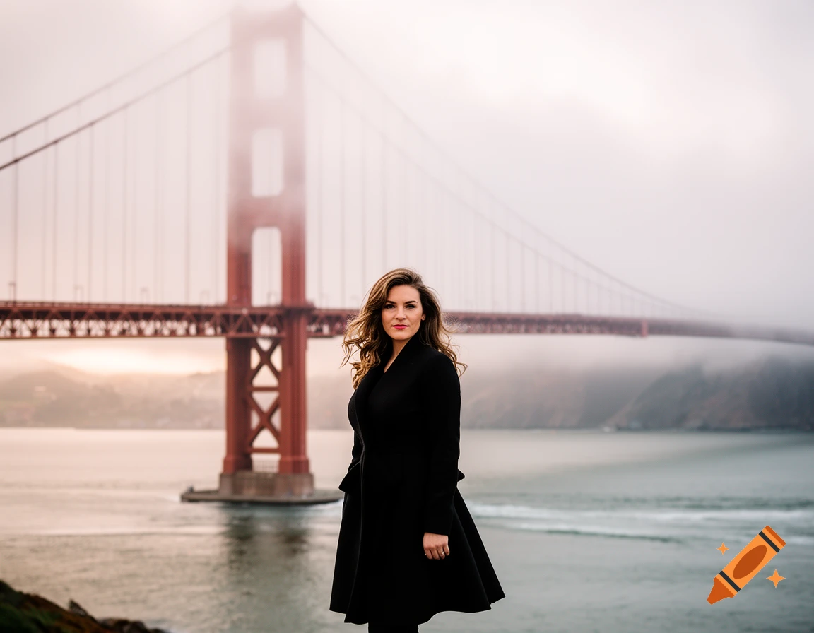 A woman in a black coat stands looking at the camera with the Golden Gate Bridge shrouded in mist behind her.