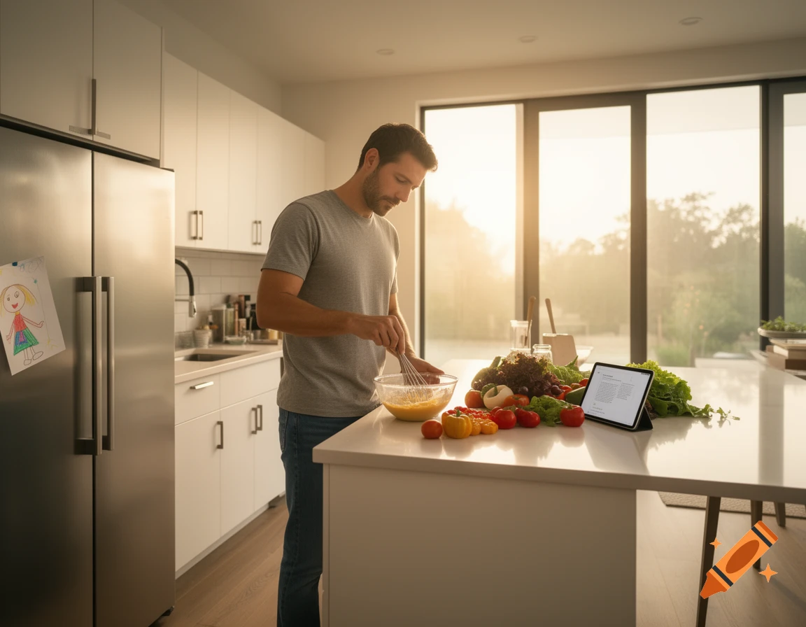 Man whisks ingredients in a bowl on a kitchen island with fresh vegetables and a tablet, bathed in warm sunlight from large windows.