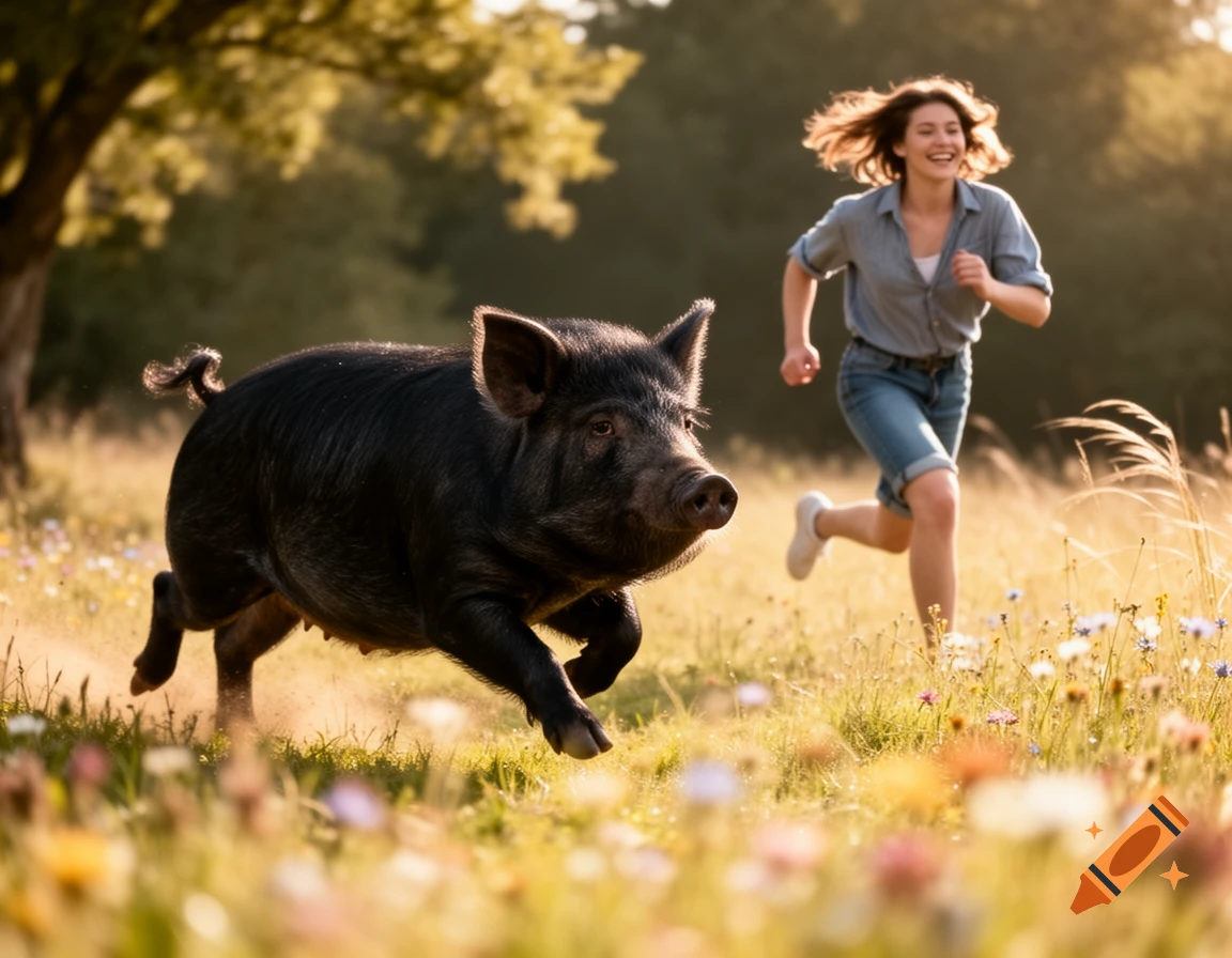 A large black pig runs through a sunny, wildflower field with a smiling woman running closely behind it.