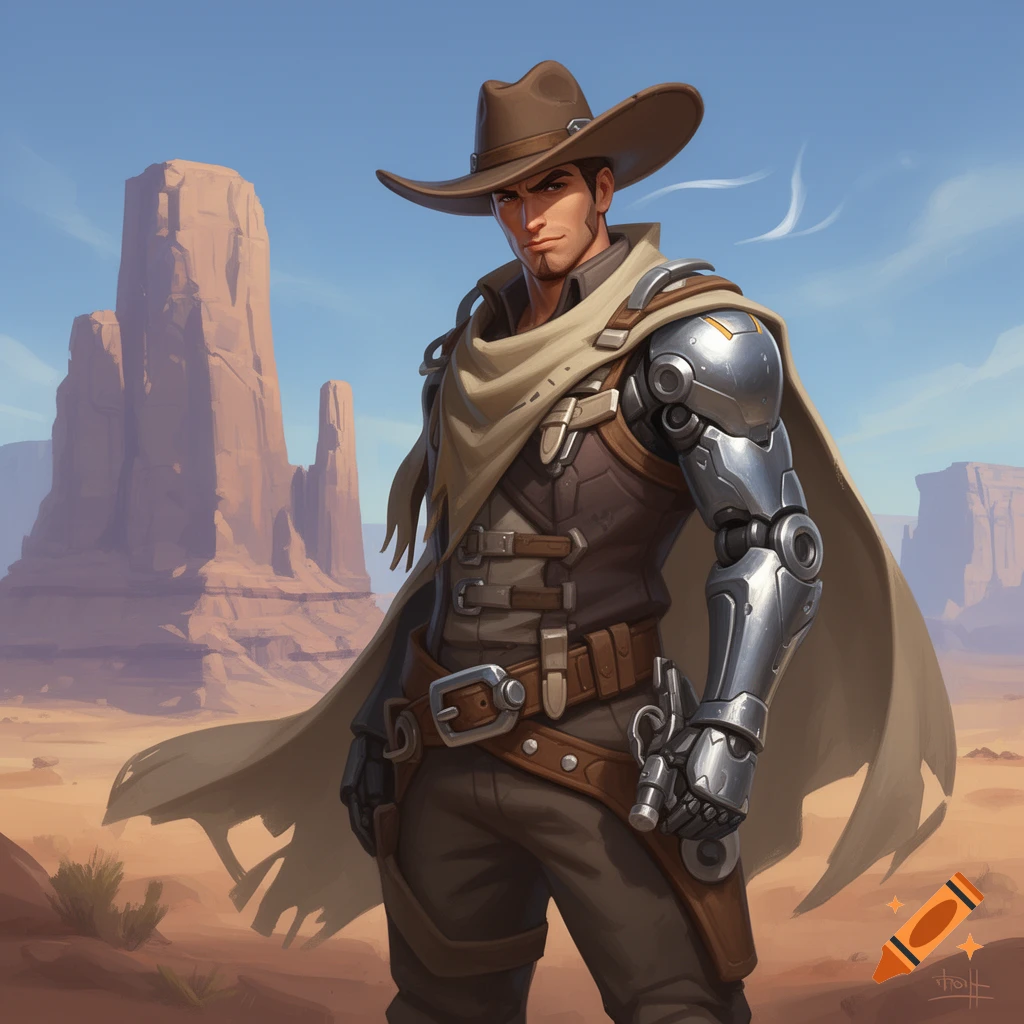 A stylized man in a cowboy hat, duster, and a futuristic metal arm stands in a desert with rock formations.