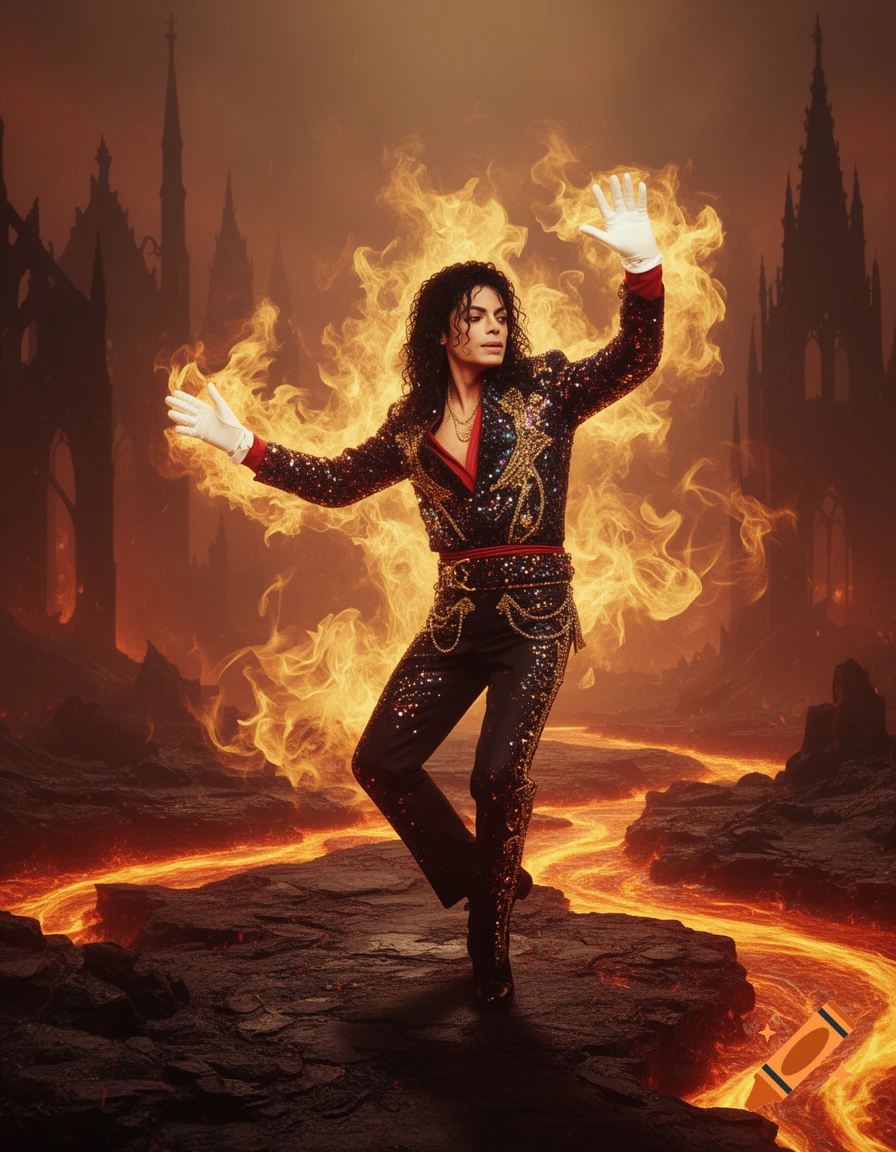 Michael Jackson performs in a hellish landscape with fire and lava, wearing a sparkling outfit.
