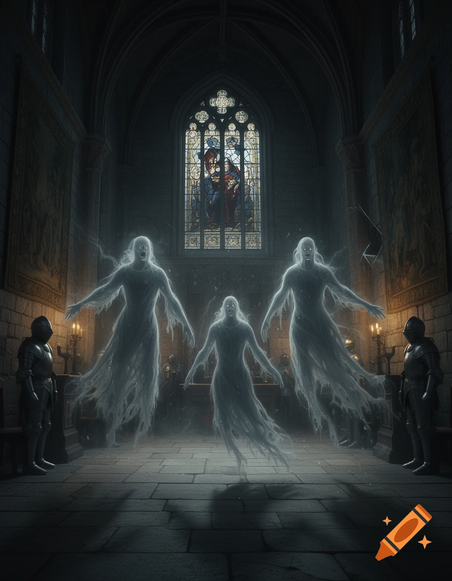 Three ethereal, pale ghosts float in a dark, gothic church with a stained-glass window and two armored figures.
