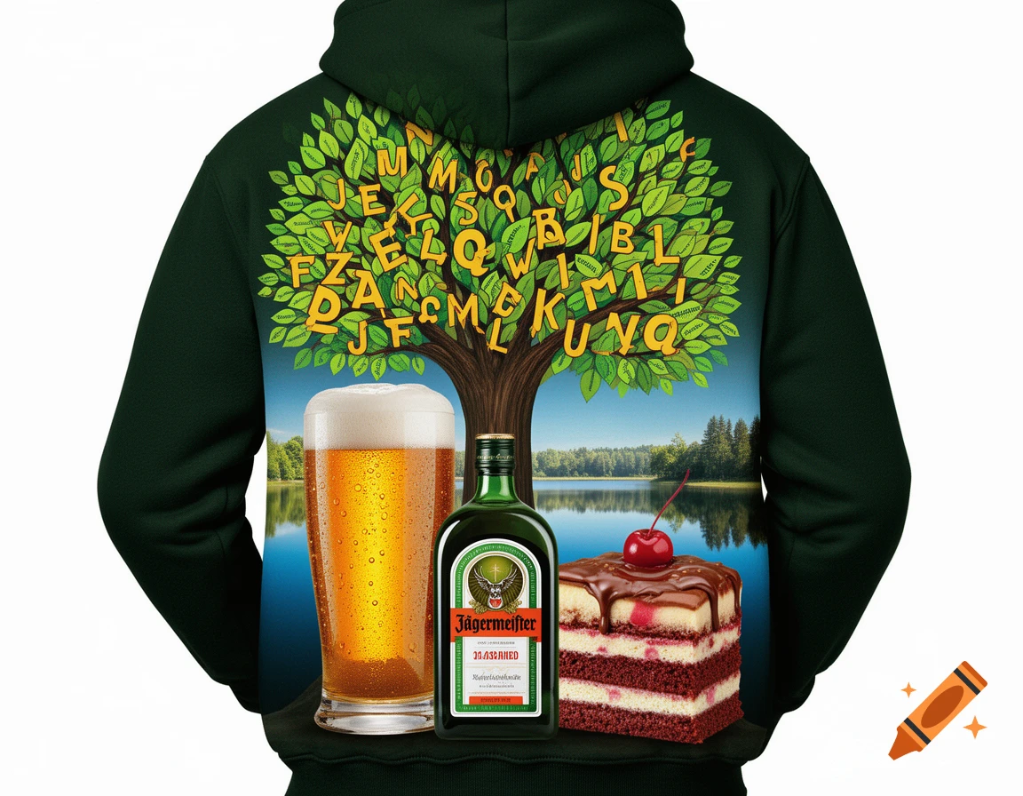 The back of a dark green hoodie features a tree design with yellow letters on its green leaves. In front of the hoodie are a glass of beer, a Jägermeister bottle, and a slice of chocolate-covered cake with a cherry.