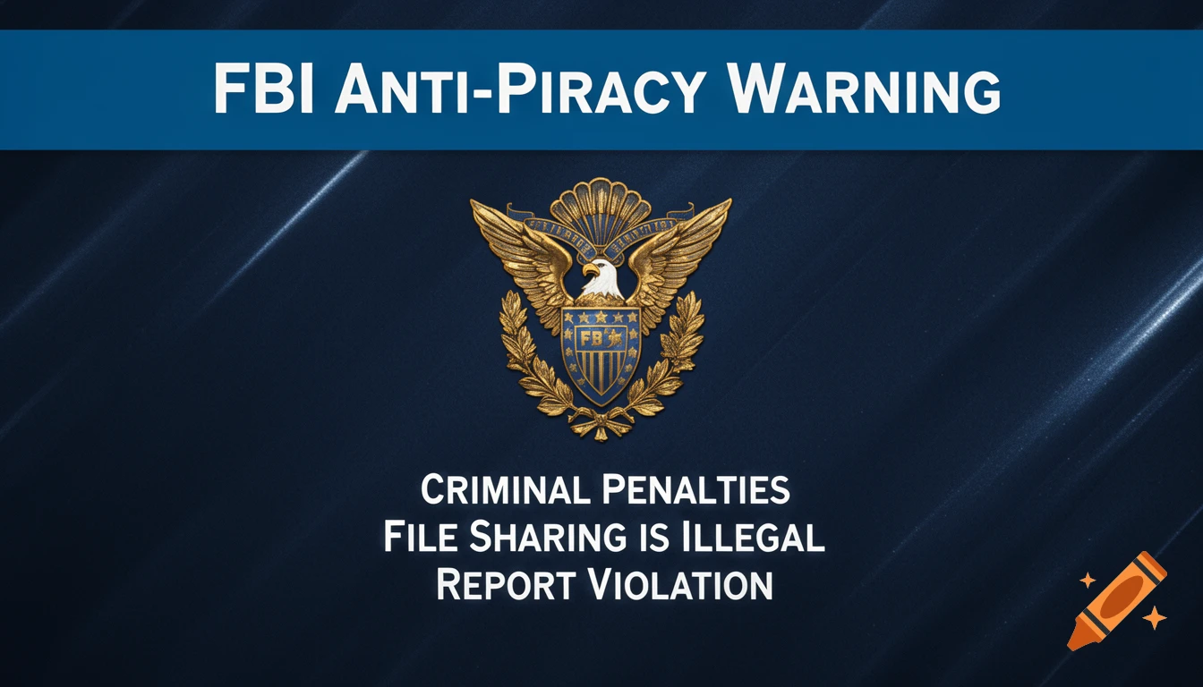 An FBI anti-piracy warning screen with a golden eagle emblem, featuring text about criminal penalties for illegal file sharing.