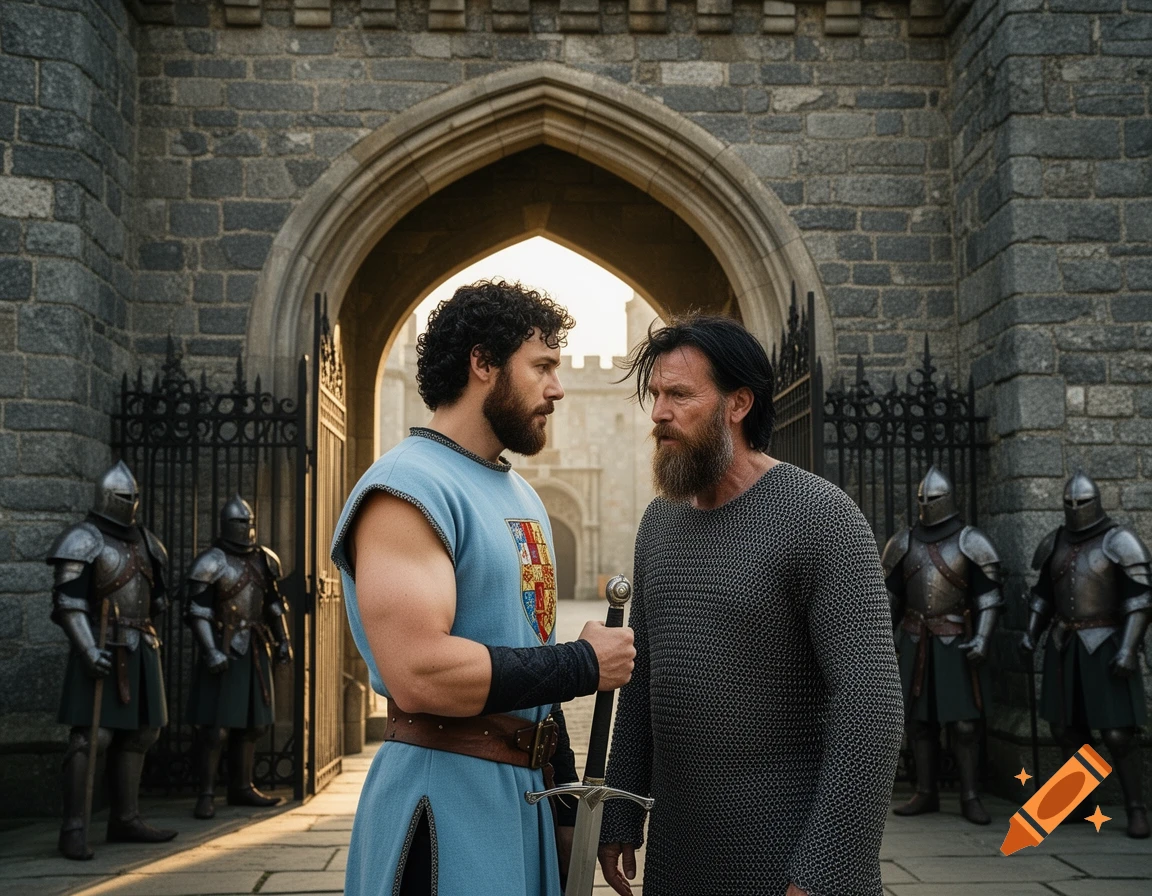 Two bearded men, one in a blue surcoat with a sword, converse before a stone castle gate with armored guards. Photorealistic.