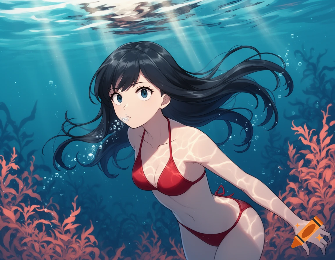 Anime girl with dark hair in a red bikini floats underwater, surrounded by bubbles and orange seaweed, with light filtering from above.