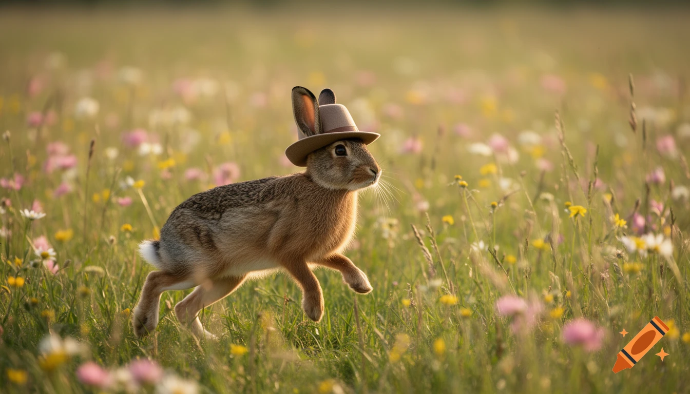 Photorealistic rabbit wearing a fedora-style hat, walking through a sunlit wildflower field.