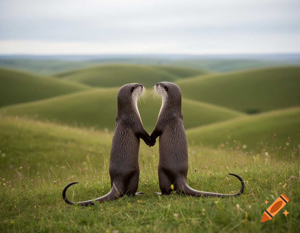 Two otters holding hands, standing upright on green rolling hills, with their tails forming a heart shape.