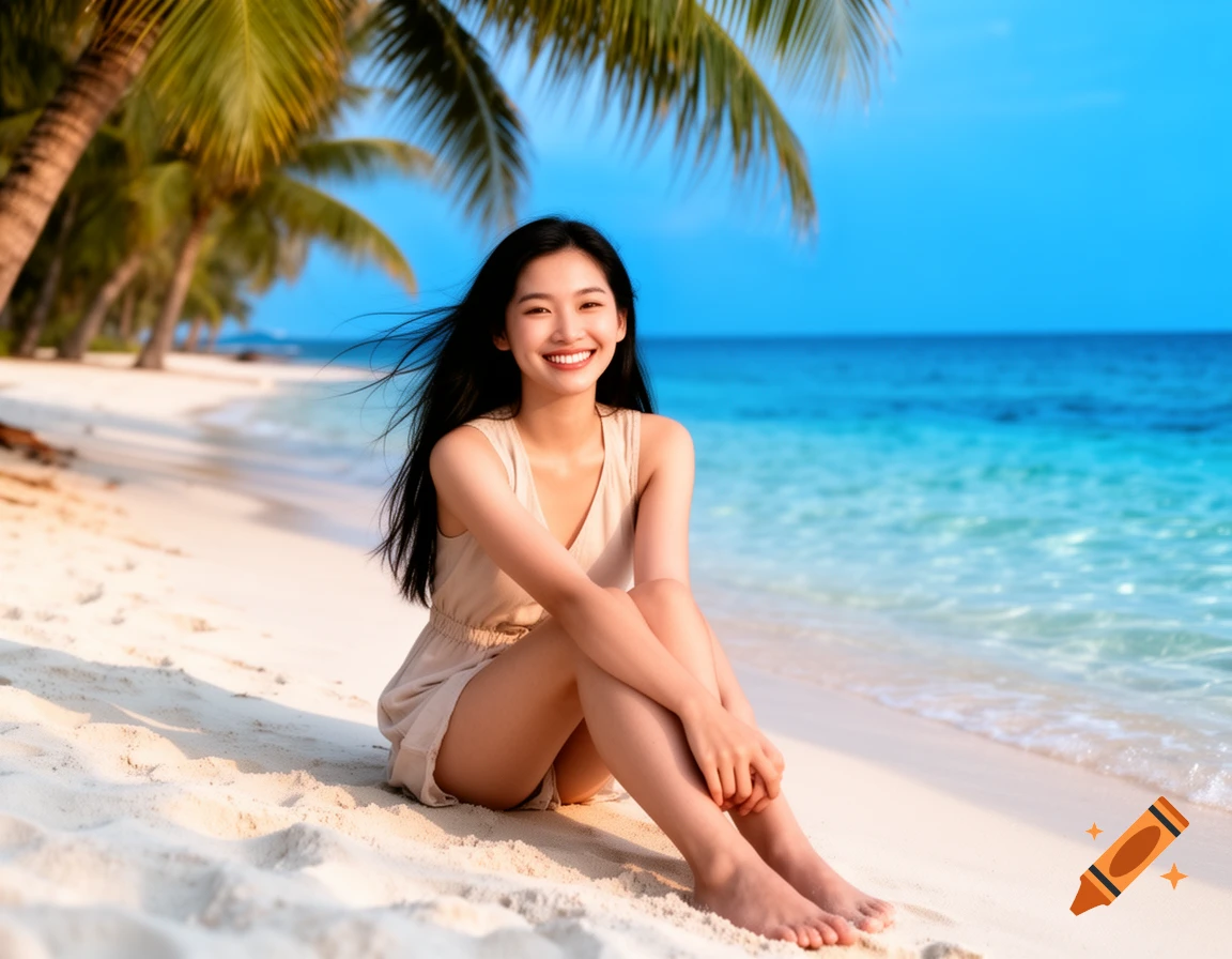 A smiling Asian woman sits on a white sand beach with palm trees and a blue ocean in the background, looking at the camera.