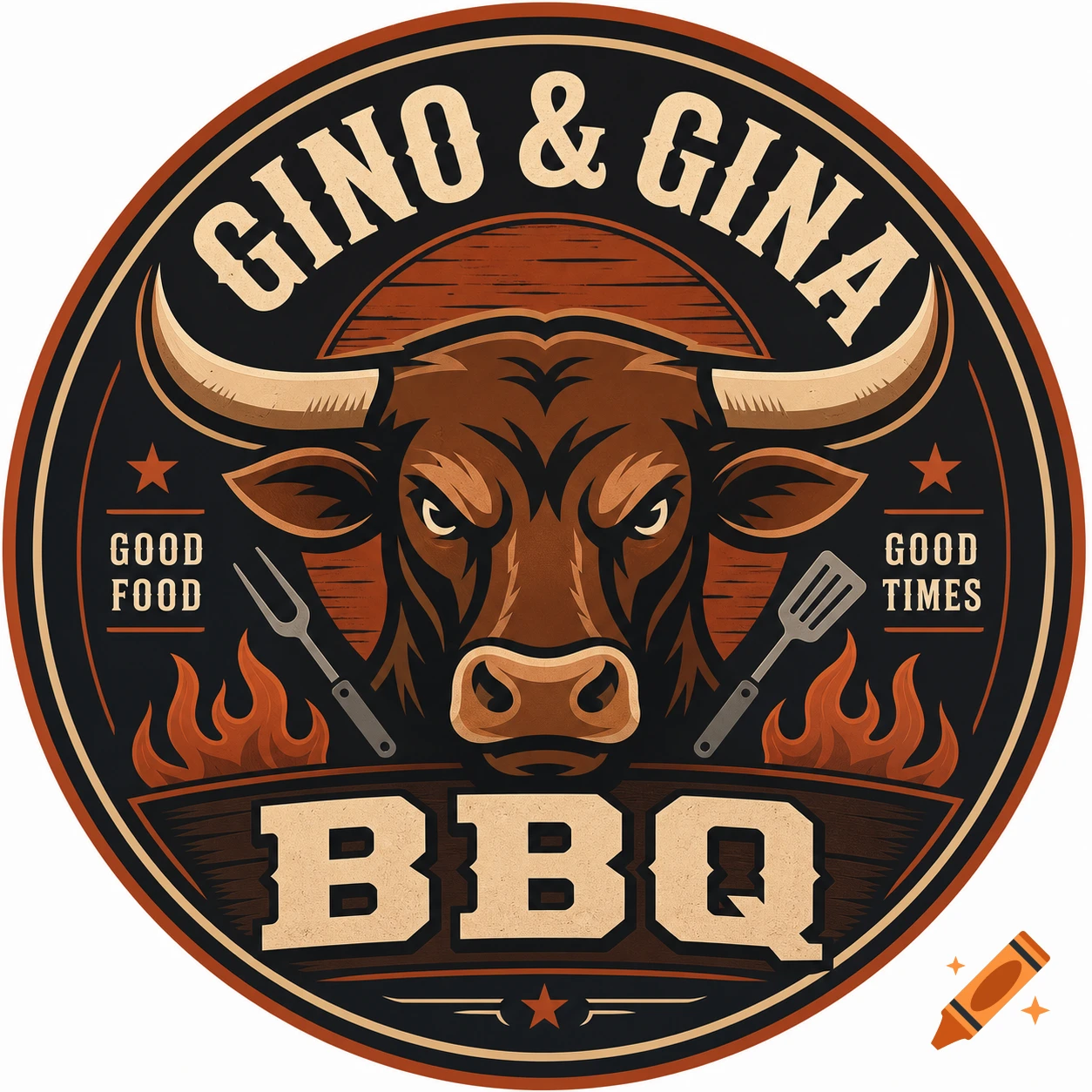 A circular vintage-style BBQ logo featuring a stylized bull head, "GINO & GINA" at the top, and "BBQ" at the bottom, with flames.