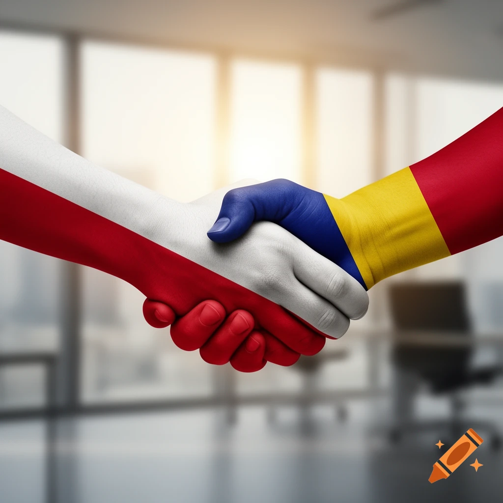 Two hands shaking, one painted with the Polish flag colors and the other with Romanian flag colors, against a blurred office background.