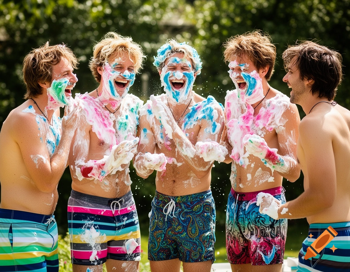 Five laughing men, shirtless and wearing swim shorts, covered in multicolored shaving foam during a messy outdoor pie fight.