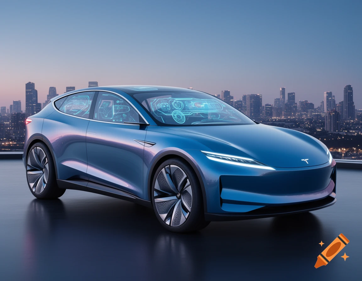 A sleek, blue futuristic crossover car on a rooftop with a city skyline at dusk, photorealistic.