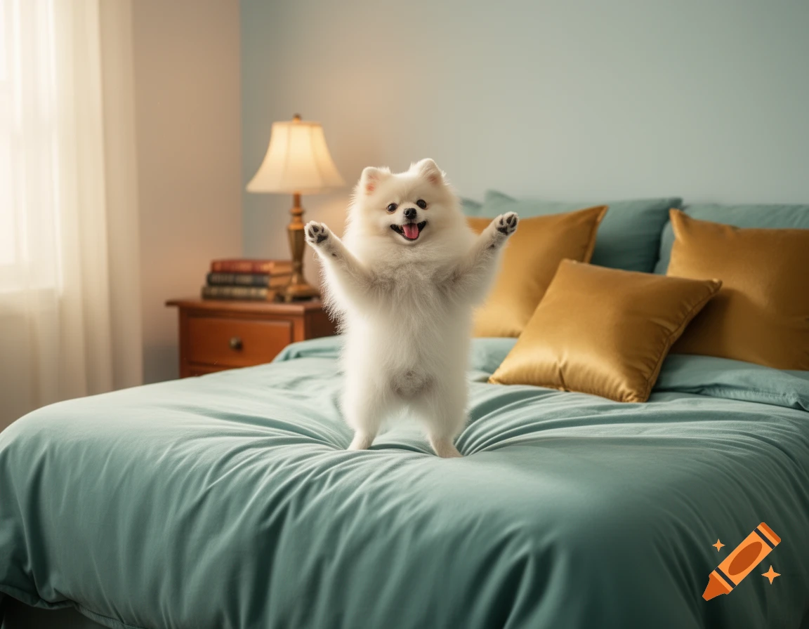 A cute white fluffy dog standing on its hind legs on a teal bed with yellow pillows in a bright bedroom.