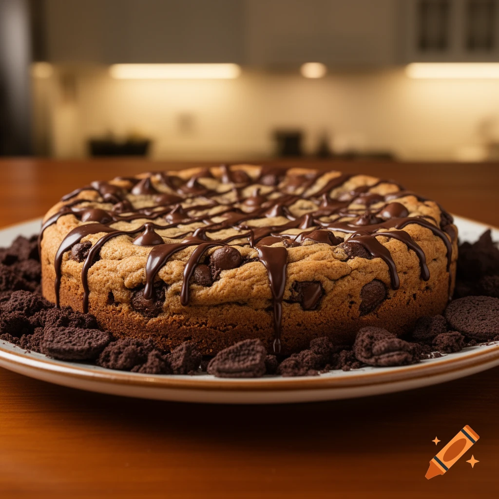 Photorealistic chocolate chip cookie cake with chocolate drizzle, surrounded by crumbled cookies on a white plate in a kitchen.