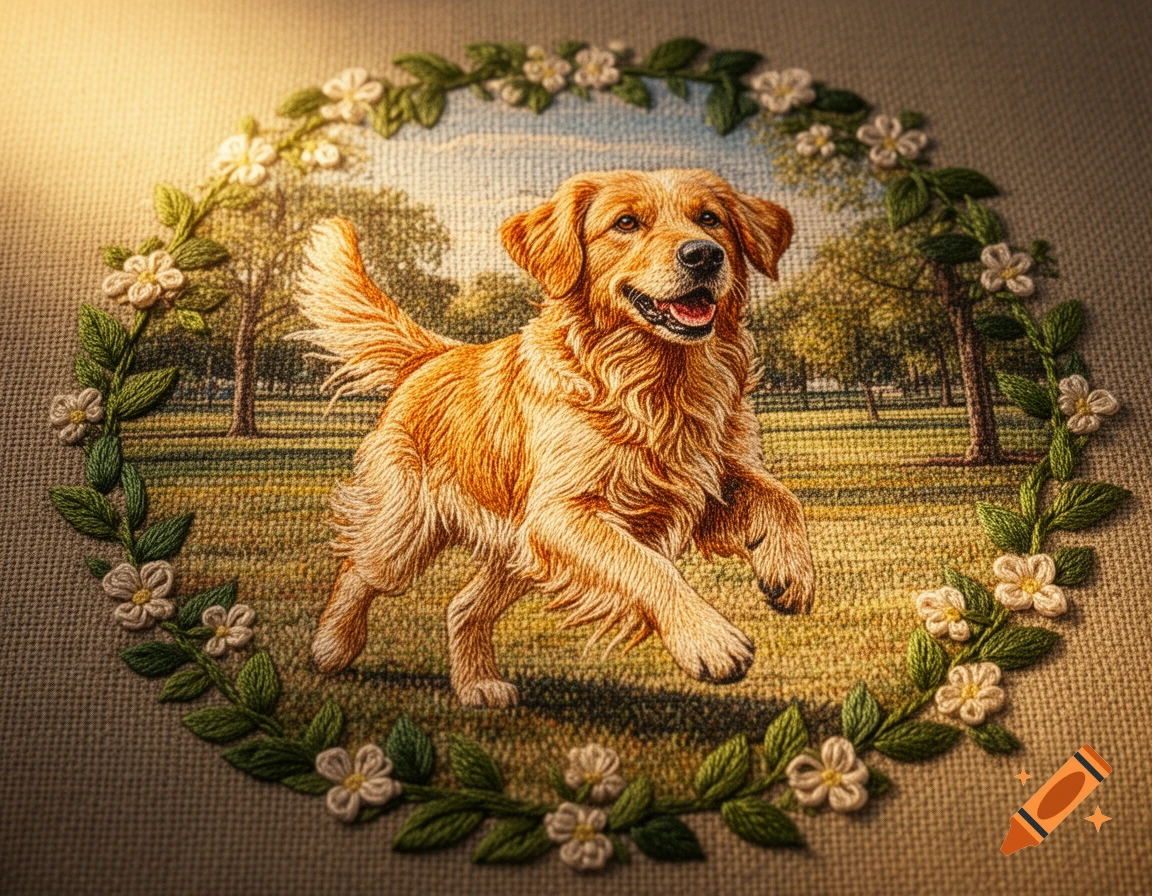 An embroidered Golden Retriever dog leaps through a park scene, framed by a delicate floral wreath on fabric.