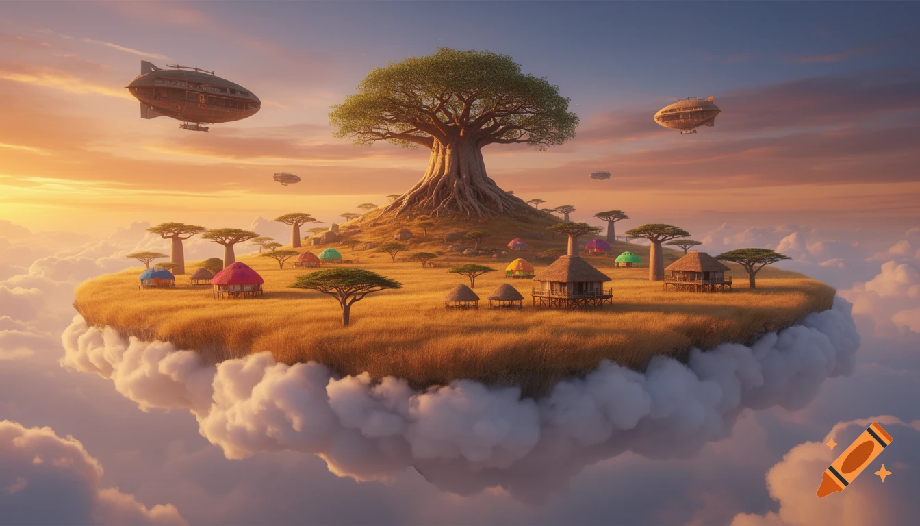A fantasy landscape of a floating island with a golden savanna, acacia trees, huts, and airships under a warm sunset.