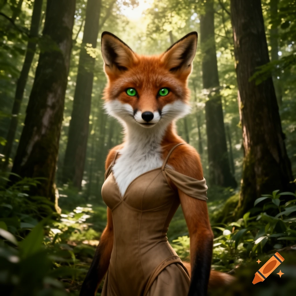 Photorealistic image of an anthropomorphic red fox (vixen) with bright green eyes, standing in a lush forest wearing a brown dress.