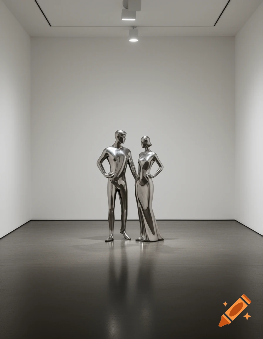 Two sleek, metallic sculptures of a man and a woman standing in a bright, minimalist art gallery.