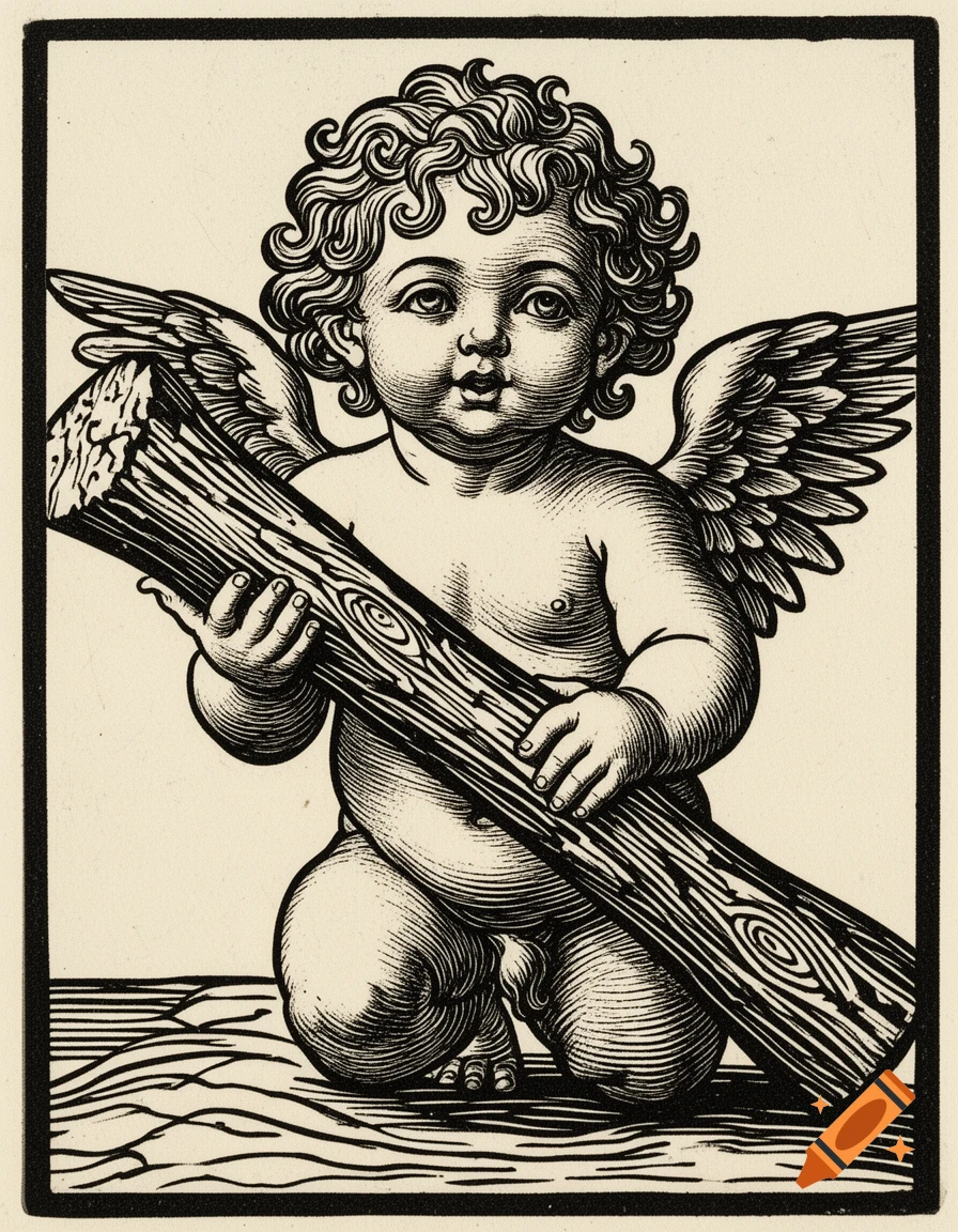A cherub with curly hair and wings kneels, holding a large wooden log in a black and white woodcut style.