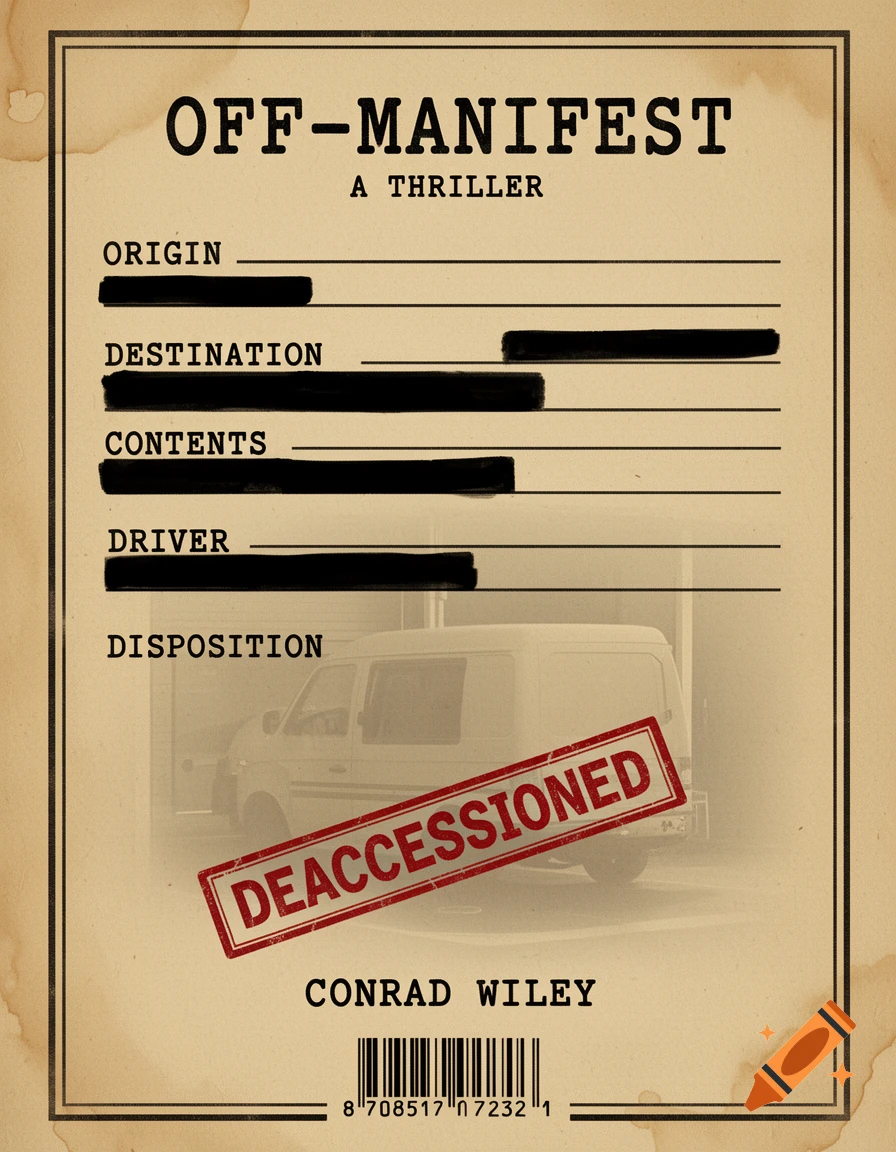 Vintage book cover styled as an aged government manifest, titled "OFF-MANIFEST A THRILLER," with redacted fields, a red "DEACCESSIONED" stamp, and a faint background van.
