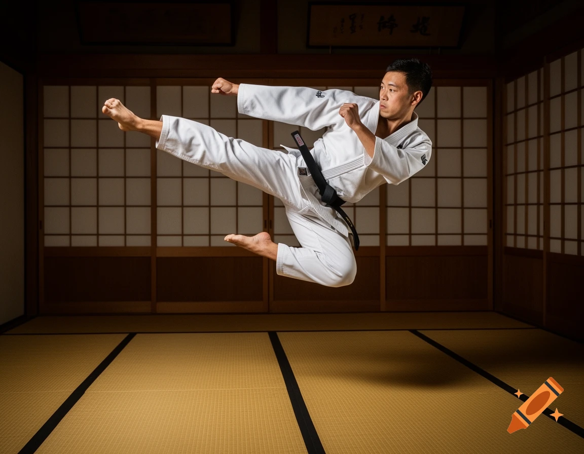 A man in a white karate gi and black belt performs a flying mawashi geri kick in a traditional Japanese dojo.