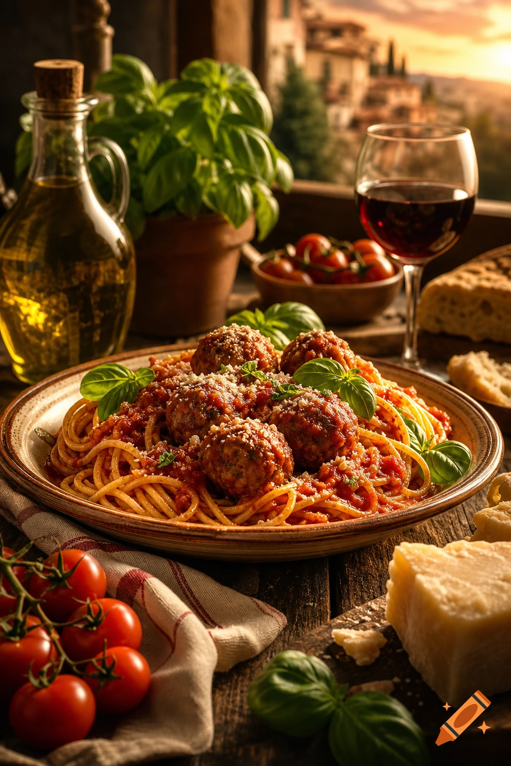 A plate of spaghetti and meatballs with tomato sauce and fresh basil, alongside olive oil, wine, tomatoes, and parmesan cheese, with an Italian countryside view in the background.