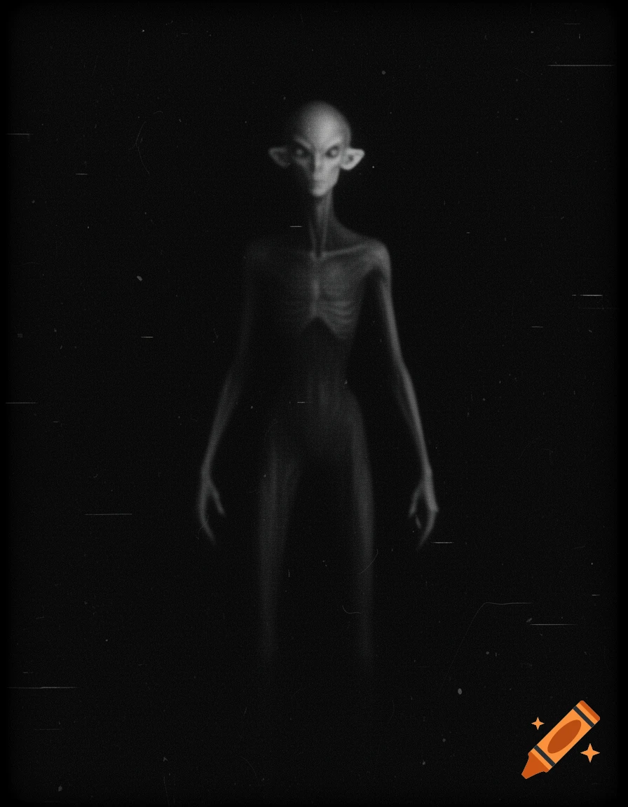 Eerie, blurry, black-and-white image of a gaunt humanoid creature with large ears and sideways eyes, in analog horror style.