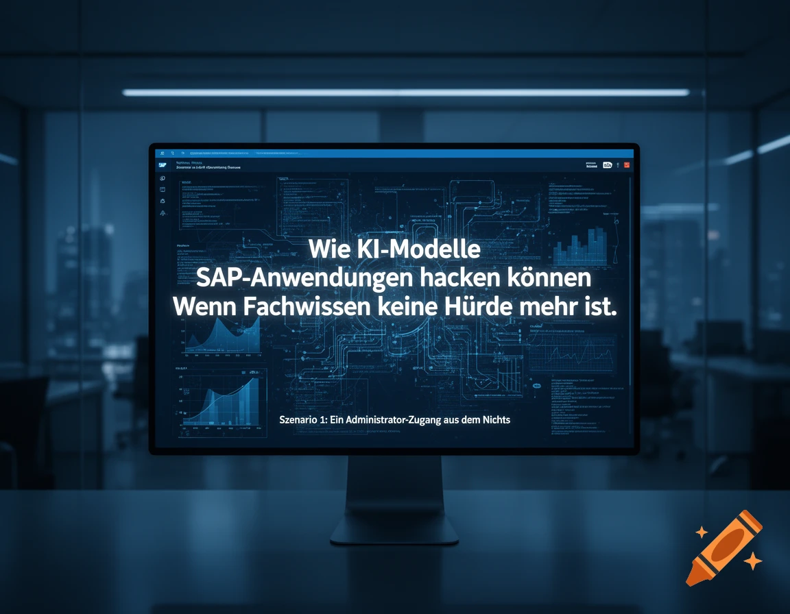 A computer screen in a dark office displays German text about AI models hacking SAP applications, with diagrams and charts.