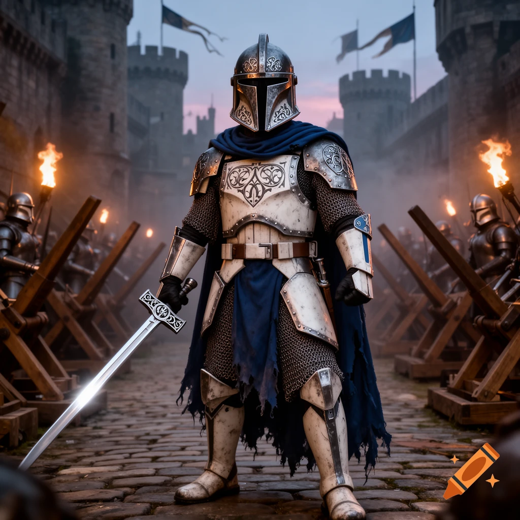 A medieval knight in white and silver armor with a blue cape stands in a castle courtyard at dusk, holding a shining sword.