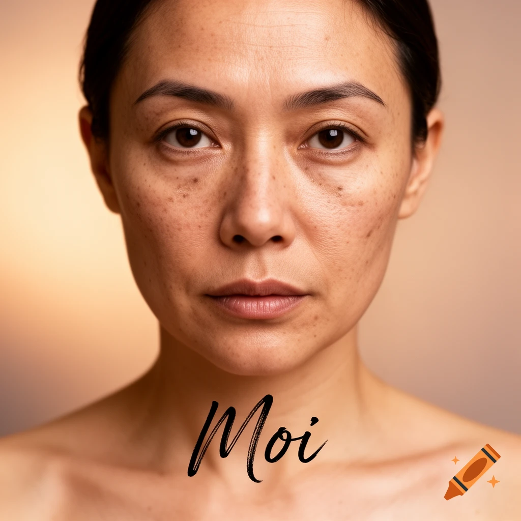 Close-up photorealistic portrait of a woman with dark hair and freckles, bare shoulders, with 'Moi' text.
